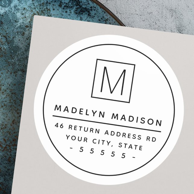 Monogramm dünner Rand minimale weiße Rücksendeadre Runder Aufkleber (Monogram thin border minimal white return address classic round sticker)