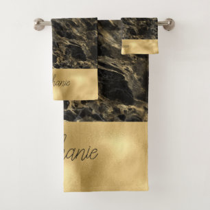 Monogramm-Duschvorhang aus schwarzem und goldfarbe Badhandtuch Set