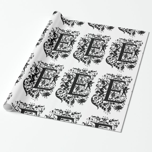 Monogramm E Initial Black and White Cupid Muster Geschenkpapier (Ungerollt)