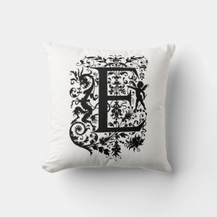 Monogramm E Initial Black and White Floral Pattern Kissen