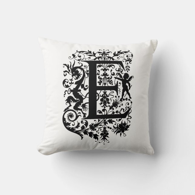 Monogramm E Initial Black and White Floral Pattern Kissen (Vorderseite)