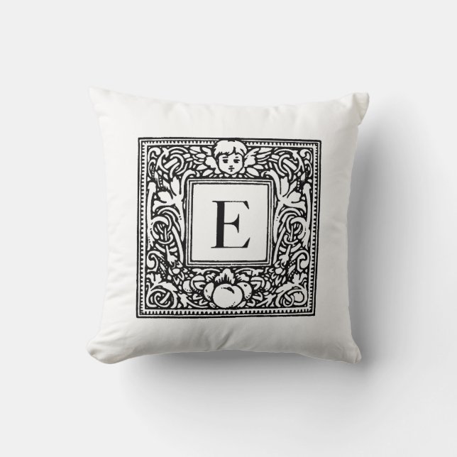 Monogramm E Initial Black and White Floral Pattern Kissen (Vorderseite)