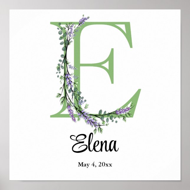 Monogramm E Lavendel Eukalyptus Poster (Vorne)