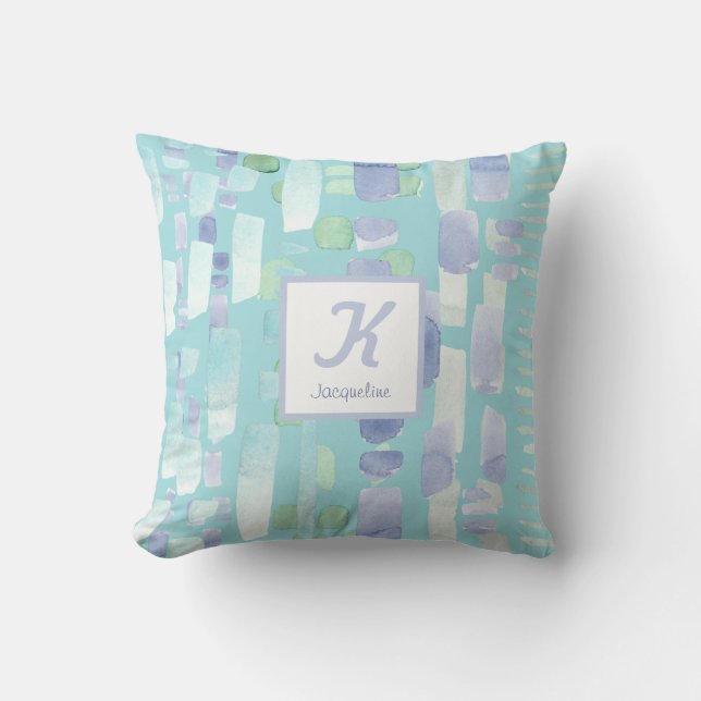 Monogramm eines modernen Aquamarinen Blauen Wasser Kissen (Vorderseite)