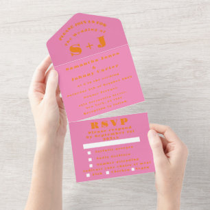 Monogramm Einfache Pink Orange Fette Hochzeit All In One Einladung