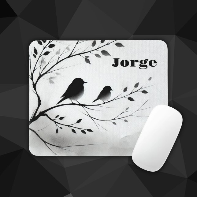Monogramm einfache Schwarz-Weiß-Vögel in Bäumen | Mousepad (Von Creator hochgeladen)