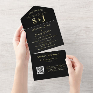 Monogramm Einfache Schwarze Gold QR Code Hochzeit All In One Einladung