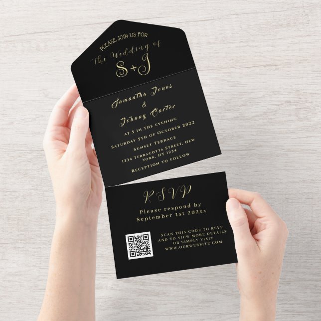 Monogramm Einfache Schwarze Gold QR-Code Hochzeit All In One Einladung (Abreißen)