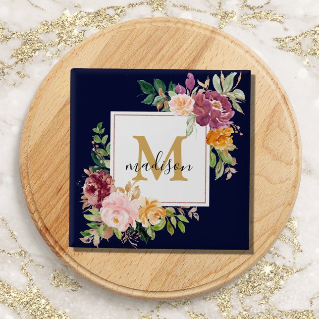 Monogramm Eleganfarbene Rose Floral Botanisch Button (In situ)