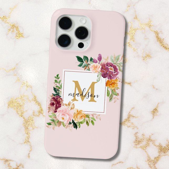 Monogramm Eleganfarbene Rose Floral Botanisch Case-Mate iPhone Hülle (In situ)