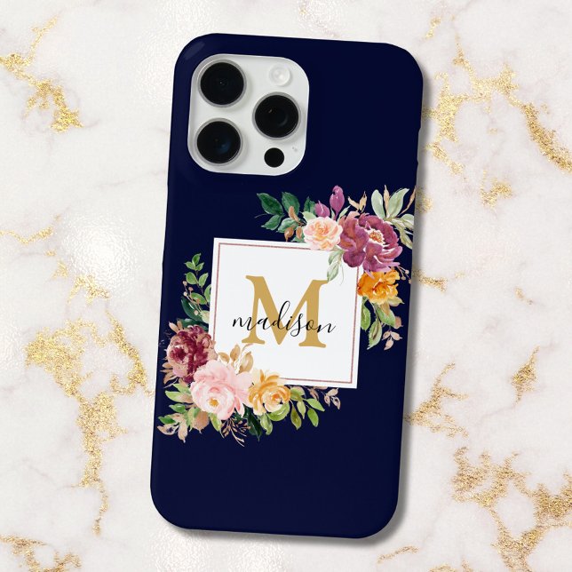 Monogramm Eleganfarbene Rose Floral Botanisch Case-Mate iPhone Hülle (In situ)