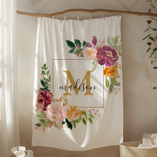 Monogramm Eleganfarbene Rose Floral Botanisch Fleecedecke (In situ)