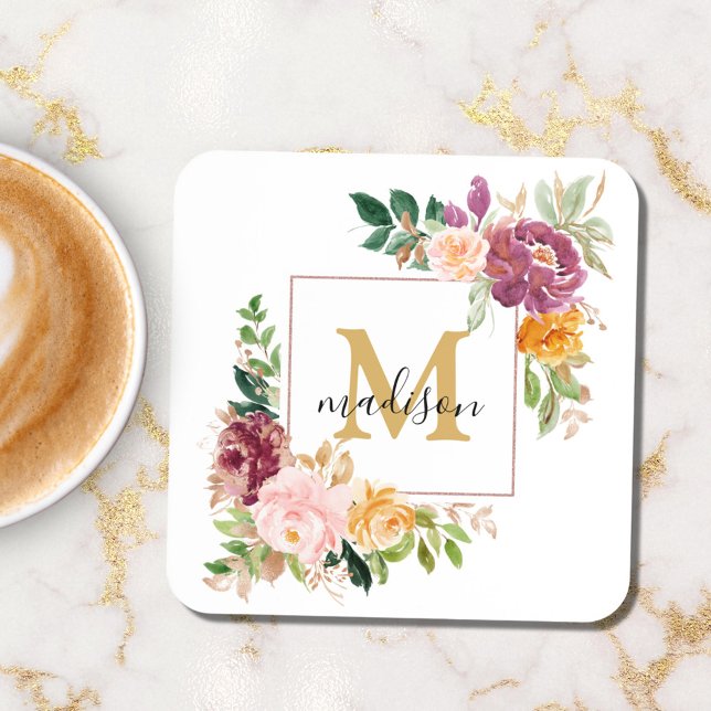 Monogramm Eleganfarbene Rose Floral Botanisch Getränkeuntersetzer (In situ)