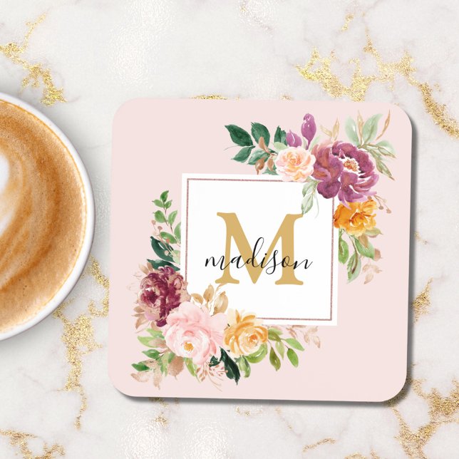 Monogramm Eleganfarbene Rose Floral Botanisch Getränkeuntersetzer (In situ)