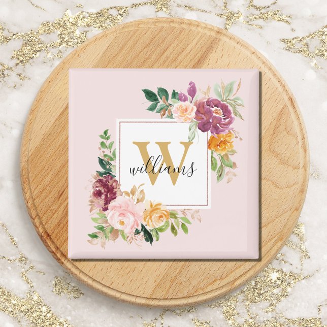 Monogramm Eleganfarbene Rose Floral Botanisch Magnet (In situ)