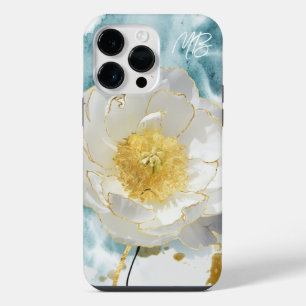 Monogramm Elegant Einfache Weiße Blume Wasserfarbe iPhone 14 Pro Max Hülle