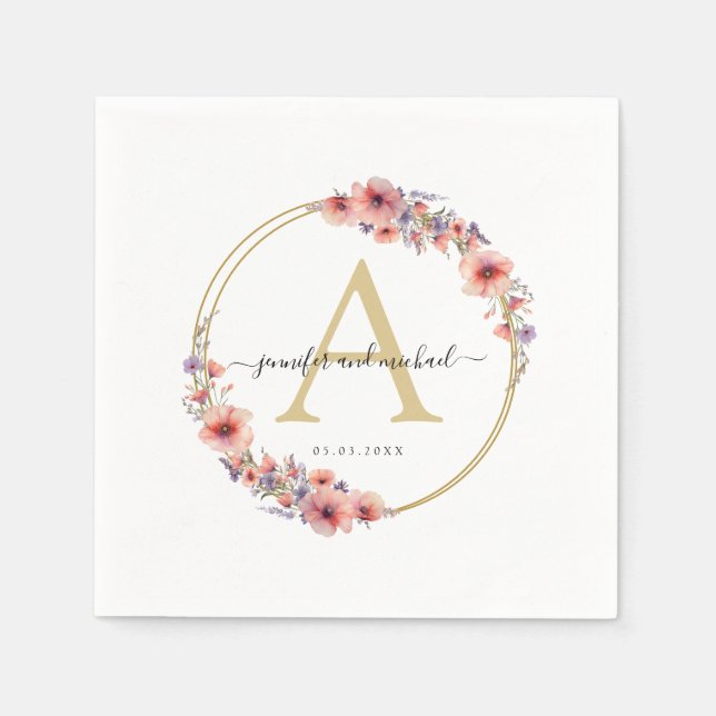 Monogramm, elegant, Wildblume, Kreishochzeit Serviette (Vorderseite)