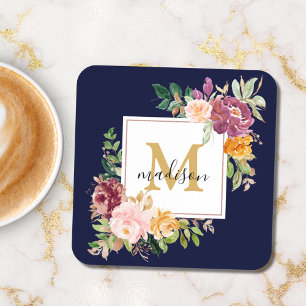 Monogramm Elegante Aquarell-Rosen Floral Botanisch Getränkeuntersetzer