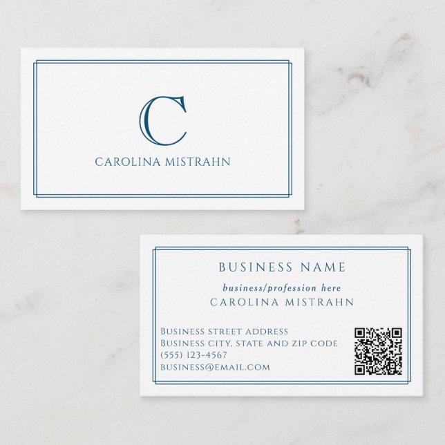 Monogramm Elegante Navyblaue Umrandung QR-Code Visitenkarte (Vorne/Hinten)