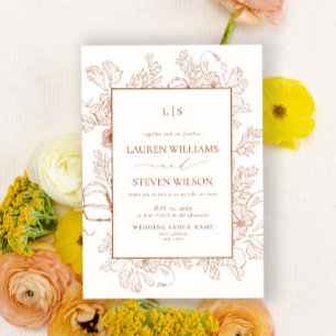 Monogramm Elegante Orangefarbene Florale Linienkun Einladung