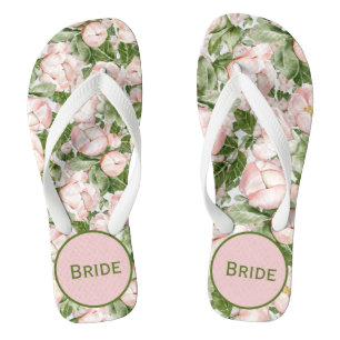 Monogramm Elegante Rosa Grüne Blumen Braut Flip Flops