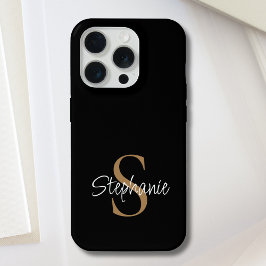 Monogramm Elegante Schrift Name Schwarz Gold iPhone 15 Pro Hülle