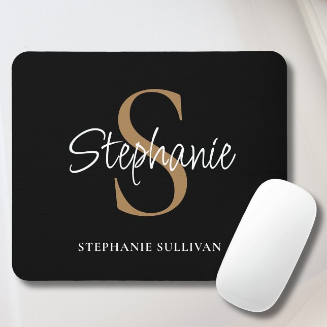 Monogramm Elegante Schrift Name Schwarz Gold  Mousepad (Von Creator hochgeladen)
