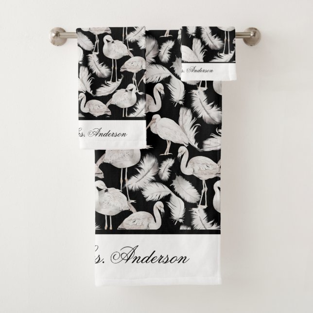Monogramm Elegante Schrift Schwarz Weiße Schwäne F Badhandtuch Set (Insitu)