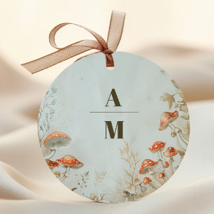 Monogramm Elegante Waldpilz-Farn-Hochzeit Runder Aufkleber