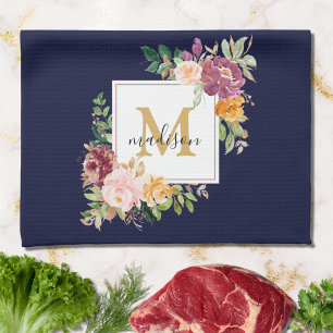 Monogramm Elegante Wasserfarben-Rosen-Blumen-Botan Geschirrtuch