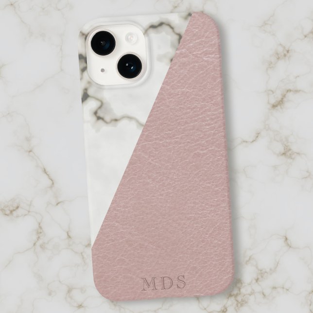 Monogramm Eleganter Marmor Blush Pink Imitate Lede Case-Mate iPhone Hülle (A faux and fabulous blush pink leather marble combo with your initials)
