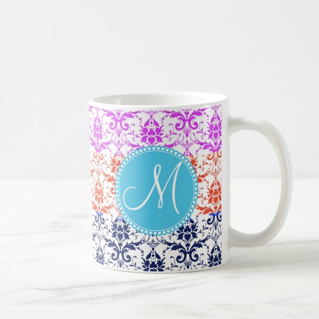 Monogramm-eleganter Regenbogen-bunter Damast Kaffeetasse (Rechts)
