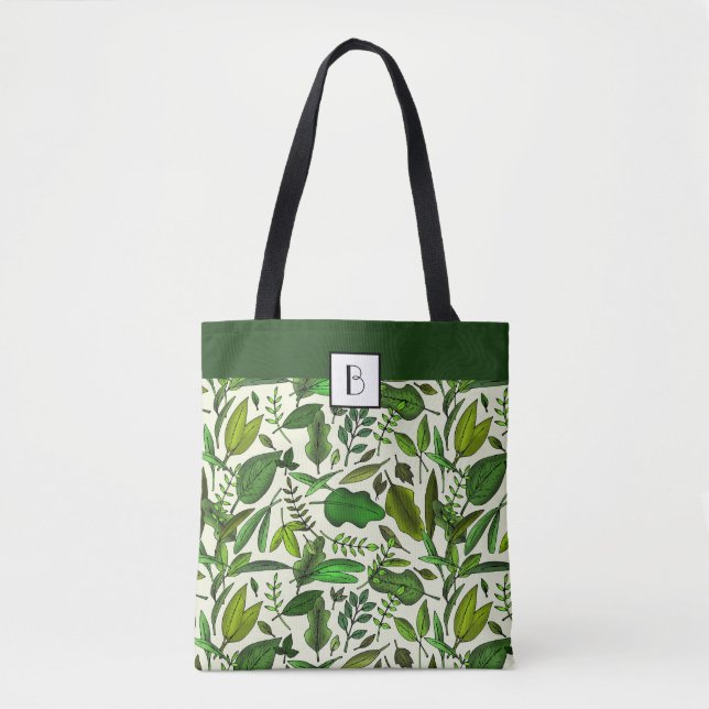 Monogramm Elegantes Botanisches Muster Grüne Blätt (Vorderseite)