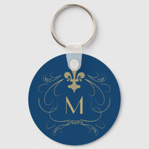 Monogramm-elegantes Lilien-Blau-Gold Schlüsselanhänger