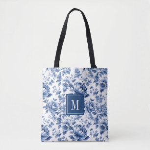 Monogramm Elegantes Vintage Blau Weiß Blumenmuster
