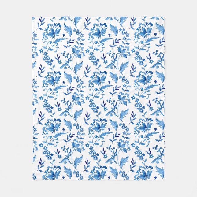 Monogramm Elegantes Vintage Blaues Blumenmuster Fleecedecke (Vorderseite)