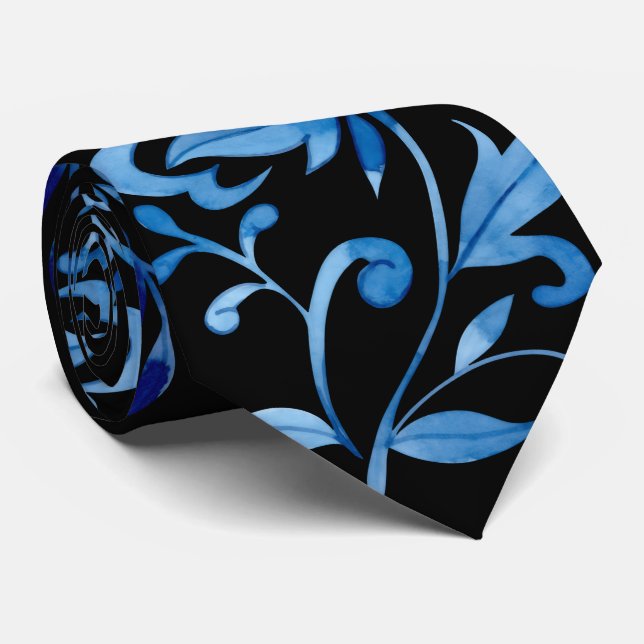 Monogramm Elegantes Vintage Blaues Blumenmuster Krawatte (Gerollt)