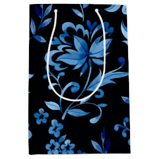 Monogramm Elegantes Vintage Blaues Blumenmuster Mittlere Geschenktüte