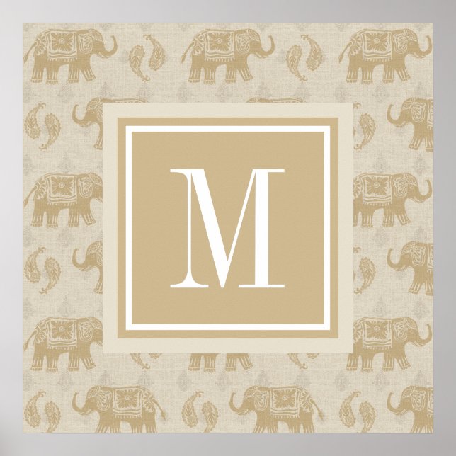 Monogramm | Elephant Khaki Caravan Muster Poster (Vorne)