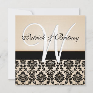 Monogramm Elfenbein & schwarze Damast-Hochzeitskar Einladung