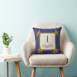 Monogramm erste blaue Gold Stars Hochzeitssake Kissen
