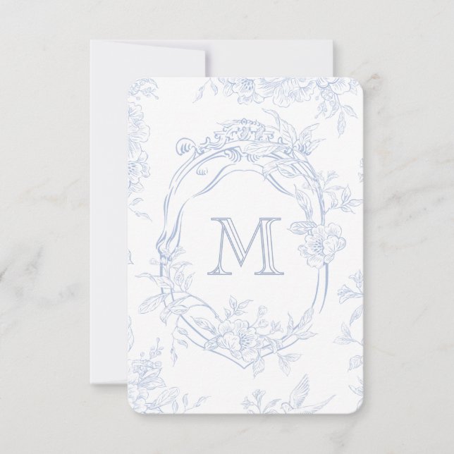 Monogramm erste florale Blue Toile Wedding Bridal Dankeskarte (Vorderseite)