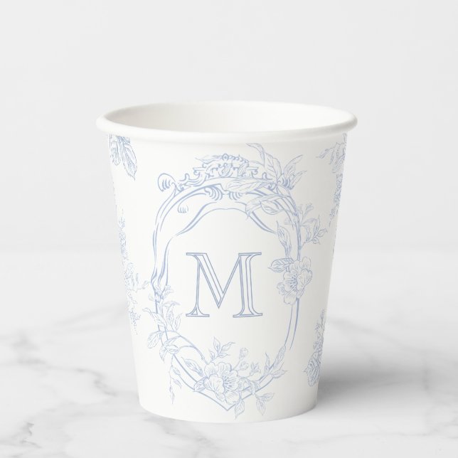 Monogramm erste florale Blue Toile Wedding Bridal Pappbecher (Vorderseite)