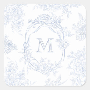 Monogramm erste florale Blue Toile Wedding Bridal Quadratischer Aufkleber