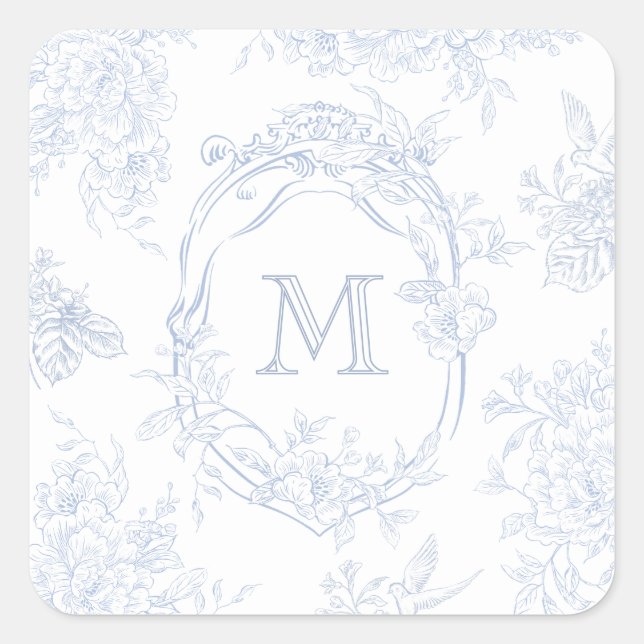 Monogramm erste florale Blue Toile Wedding Bridal Quadratischer Aufkleber (Vorderseite)