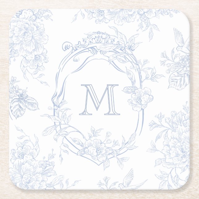 Monogramm erste florale Blue Toile Wedding Bridal Rechteckiger Pappuntersetzer (Vorderseite)
