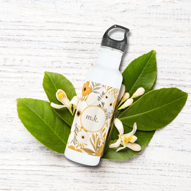 Monogramm erste Gold Brown White Floral Botanical Edelstahlflasche (Monogram Initials Gold Brown Yellow White Floral Botanical Watercolor Waterbottle)
