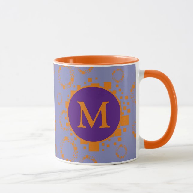Monogramm erste orangefarbene Lila Quadrate Tasse (Rechts)