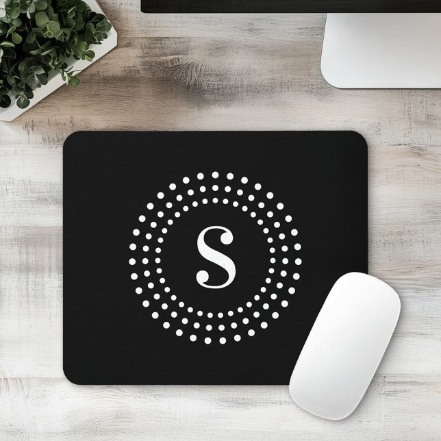 Monogramm erste radiale Punkte auf schwarz Mousepad (Monogram initial retro radial dots on black mouse pad)