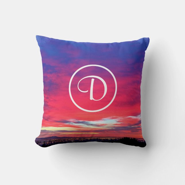 Monogramm erstes Hot Pink Blue Sunset Foto Moderne Kissen (Vorderseite)